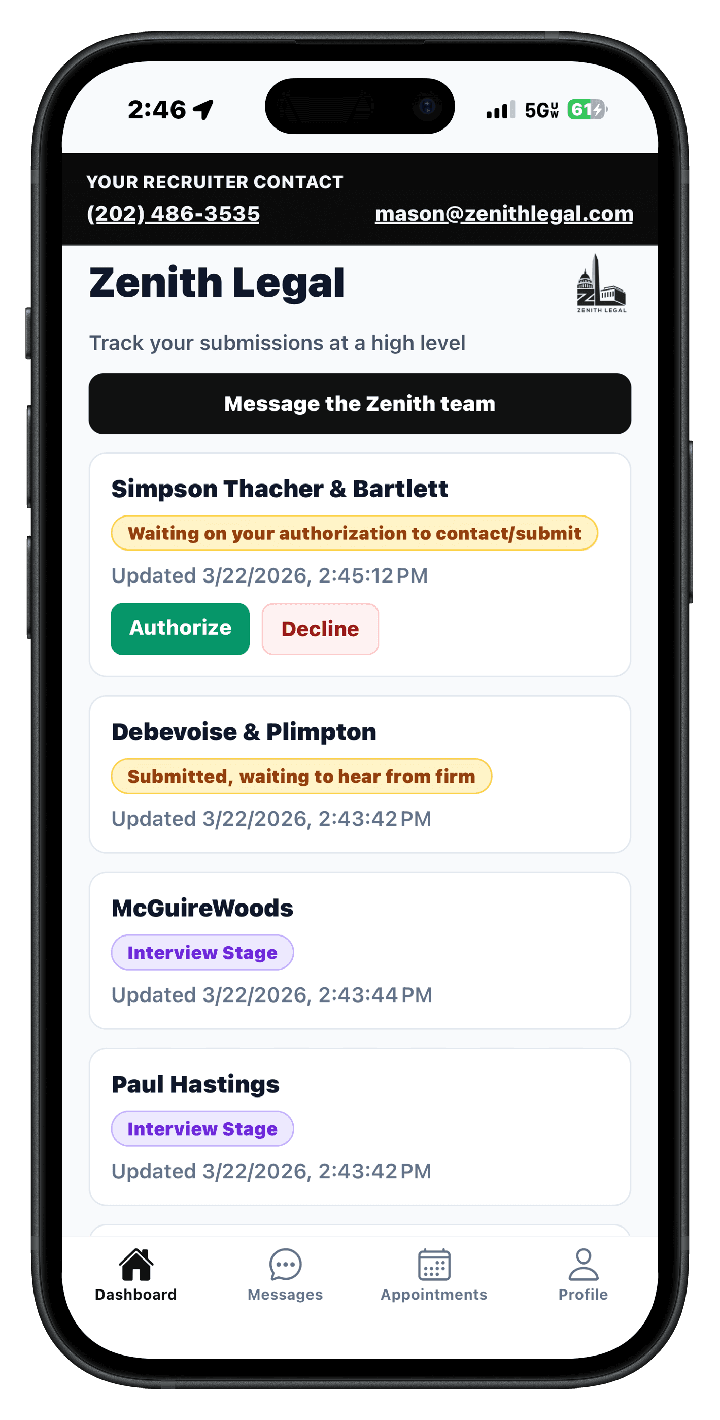 Zenith Legal dashboard showing firm submissions and authorization actions.