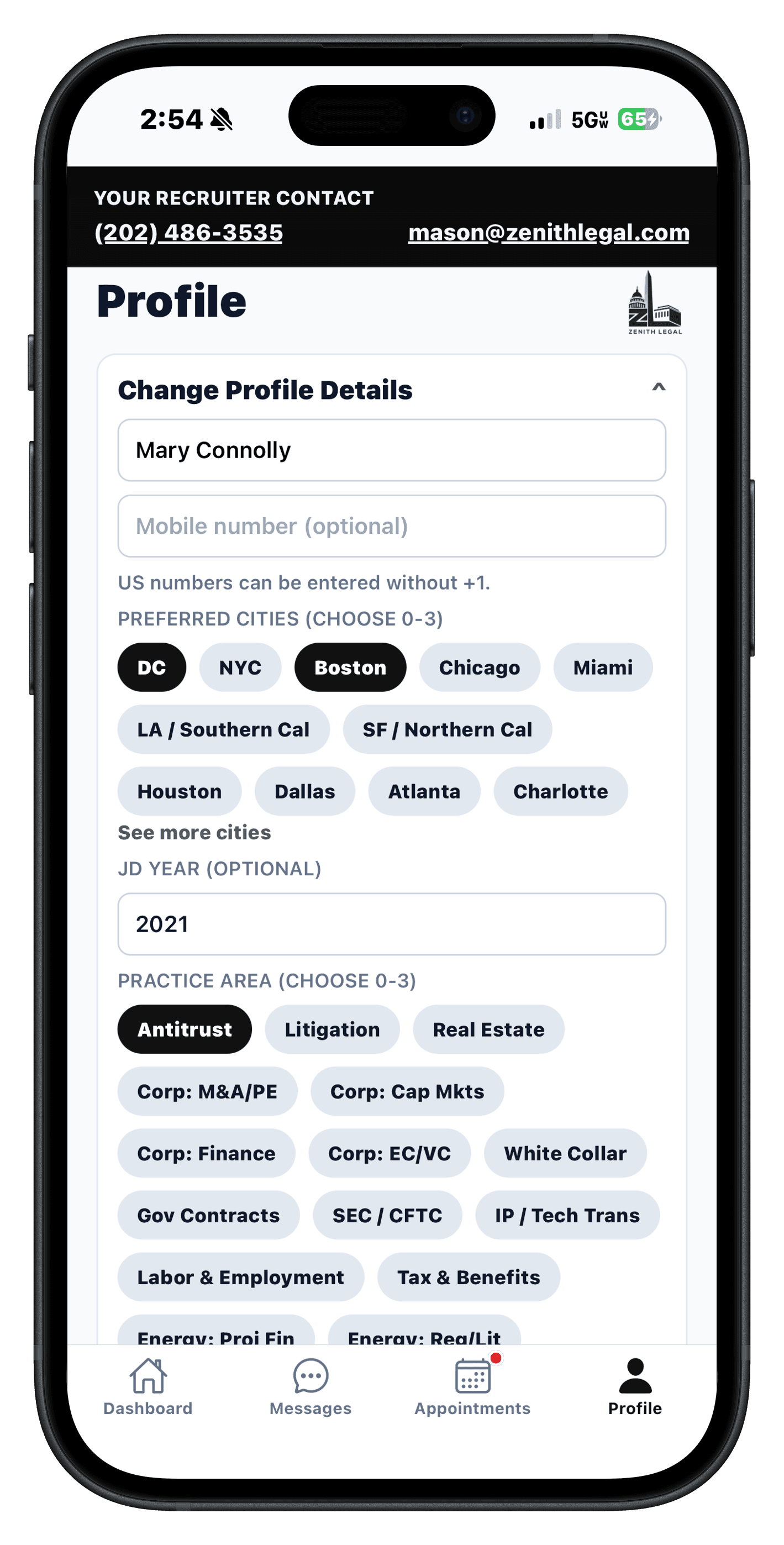 Zenith Legal profile screen showing preferences and job-alert settings.